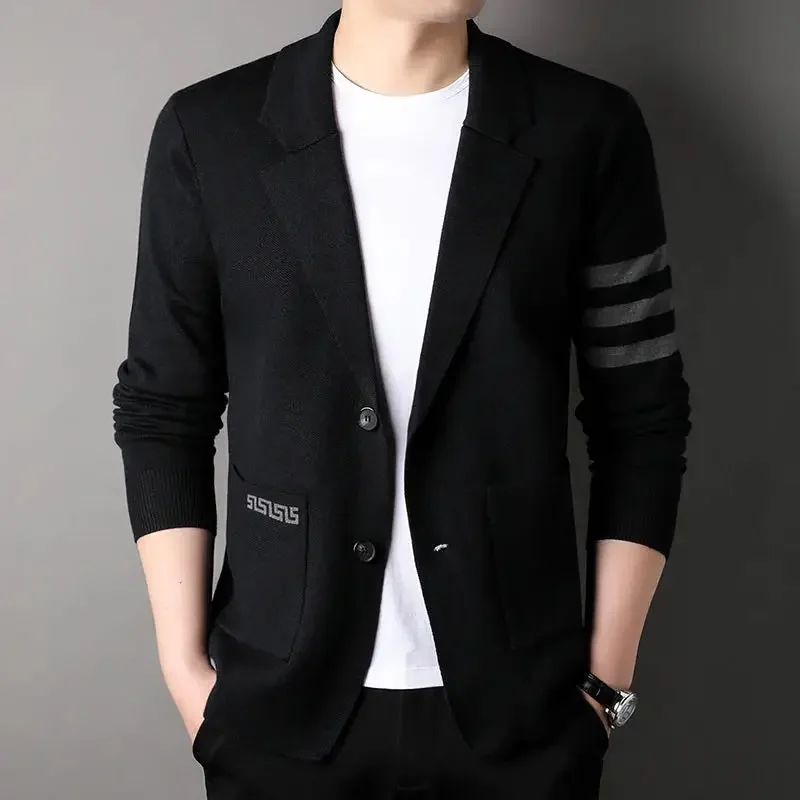 High end brand men's knitted sweater cardigan popular autumn winter fashionable striped design Korean custom casual warm coat