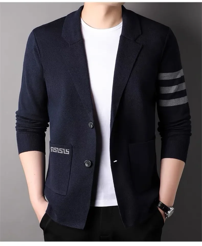 High end brand men's knitted sweater cardigan popular autumn winter fashionable striped design Korean custom casual warm coat