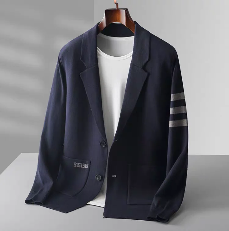 High end brand men's knitted sweater cardigan popular autumn winter fashionable striped design Korean custom casual warm coat