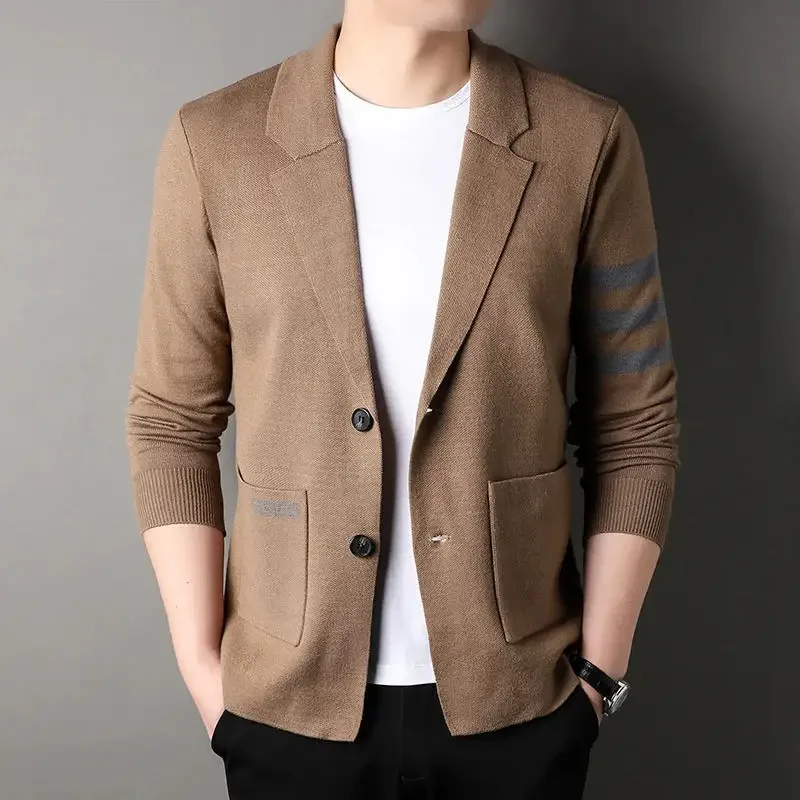 High end brand men's knitted sweater cardigan popular autumn winter fashionable striped design Korean custom casual warm coat