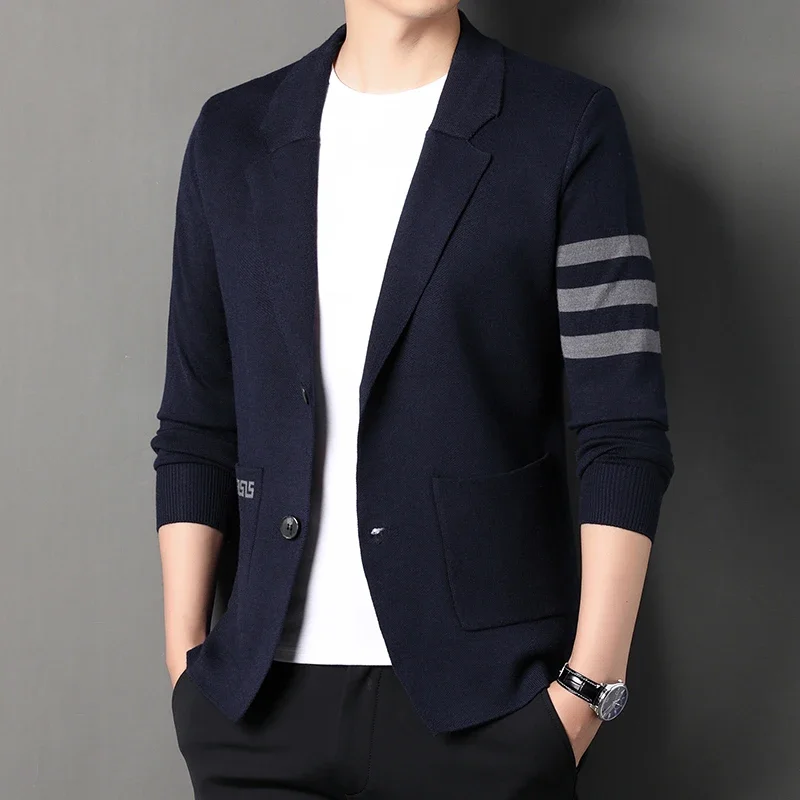 High end brand men's knitted sweater cardigan popular autumn winter fashionable striped design Korean custom casual warm coat
