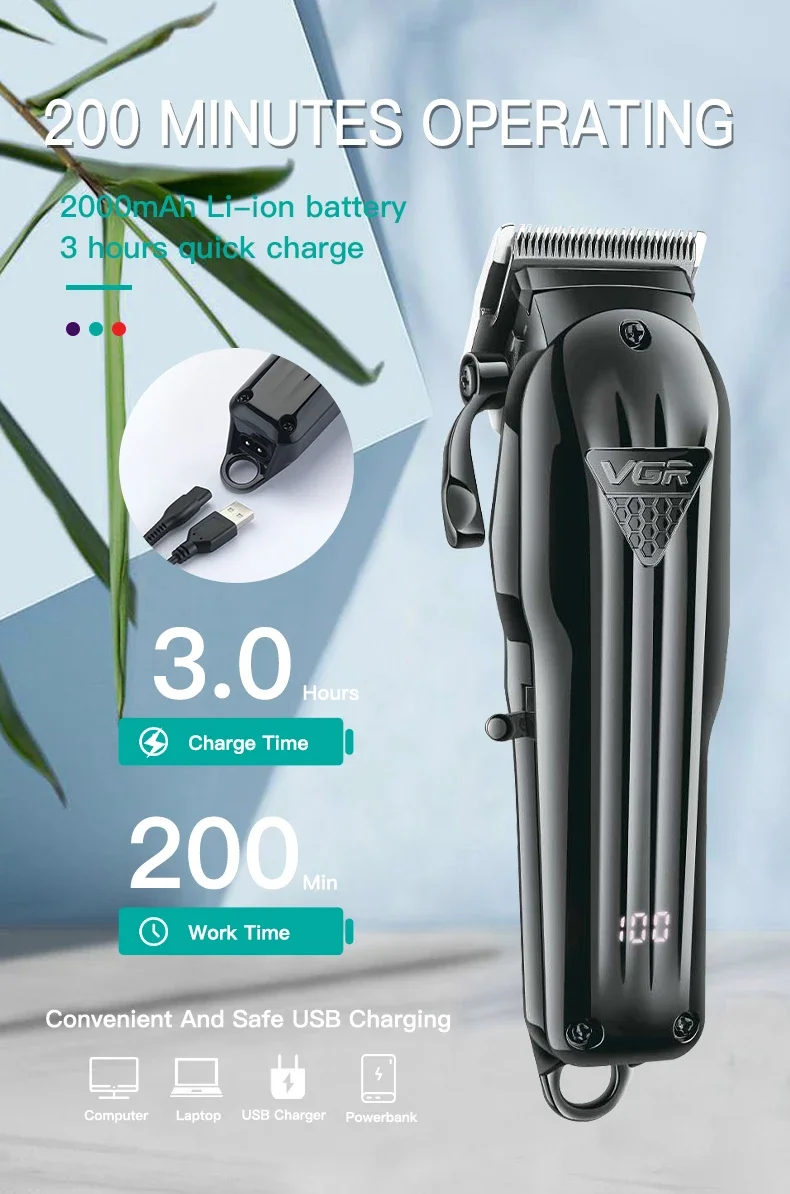 VGR Electric Hair Clipper Professional Hair Trimmer Cordless Trimmer for Men V-282 Barber Haircut Machine Rechargeable