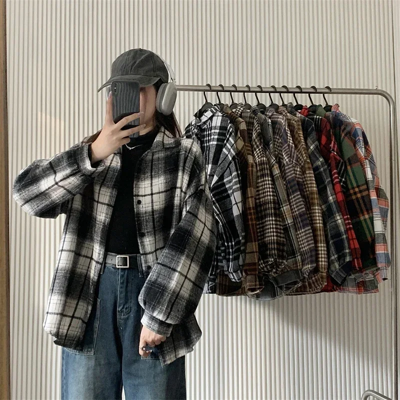 Flannel Plaid Shirt Women Long Sleeve Collared Button Down Oversized Check Blouse Shacket Female Street Style Casual Outfit