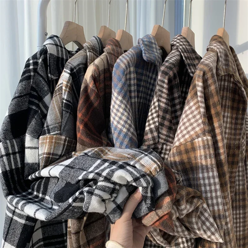 Flannel Plaid Shirt Women Long Sleeve Collared Button Down Oversized Check Blouse Shacket Female Street Style Casual Outfit