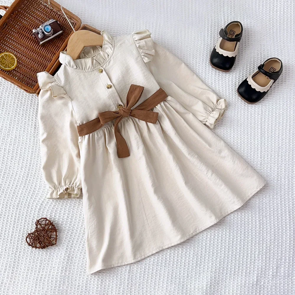 Autumn Plain Long Sleeved Stand Collar Tied Dress Solid Color Kids Dresses for Girls Daily Casual Clothes 3-7 Years Old