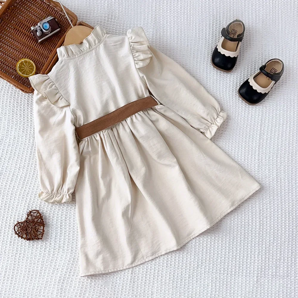 Autumn Plain Long Sleeved Stand Collar Tied Dress Solid Color Kids Dresses for Girls Daily Casual Clothes 3-7 Years Old
