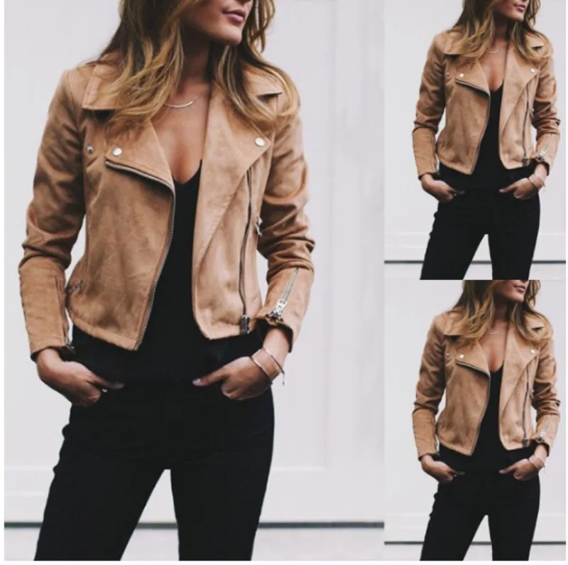 Suede Leather Zipper Coats Women Autumn Turn-down Collar Cropped Jacket Slim Fit Casual Fashion Streetwear Female Outwears Y2K