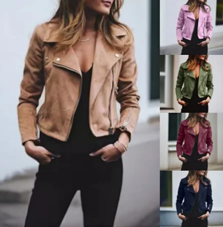 Suede Leather Zipper Coats Women Autumn Turn-down Collar Cropped Jacket Slim Fit Casual Fashion Streetwear Female Outwears Y2K