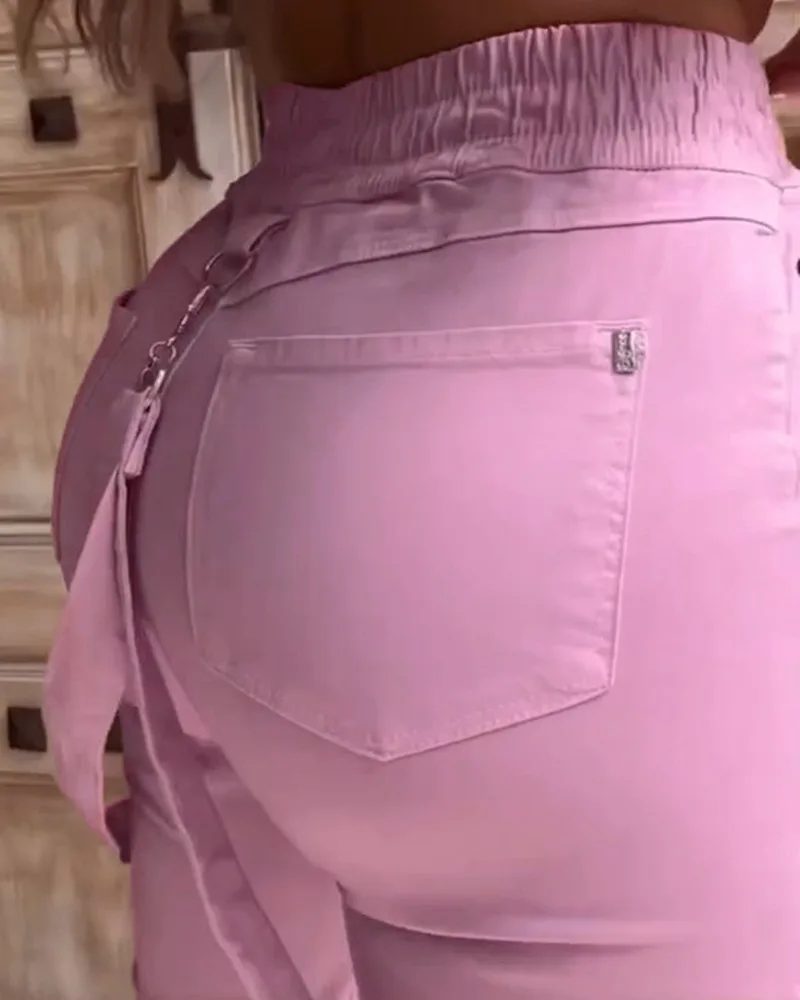 New Women's Vintage Pants Multi-Pocket Pink Suspenders High-Waisted Casual Fashion Solid Color Ladies Corset Long Trousers