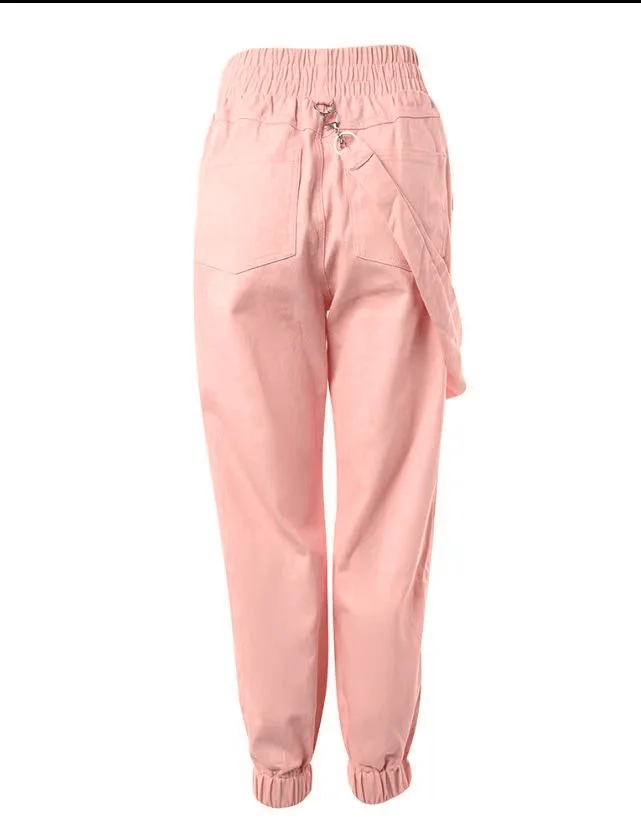 New Women's Vintage Pants Multi-Pocket Pink Suspenders High-Waisted Casual Fashion Solid Color Ladies Corset Long Trousers