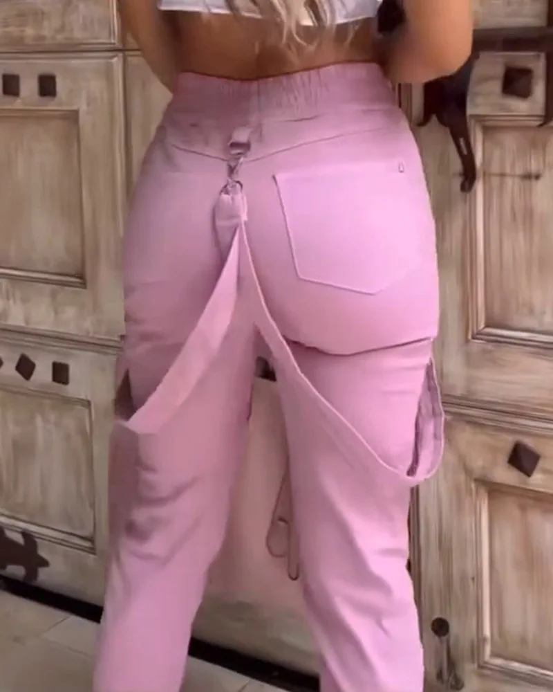 New Women's Vintage Pants Multi-Pocket Pink Suspenders High-Waisted Casual Fashion Solid Color Ladies Corset Long Trousers