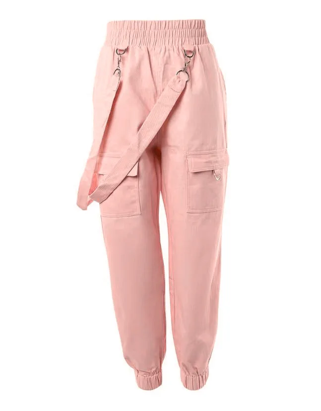 New Women's Vintage Pants Multi-Pocket Pink Suspenders High-Waisted Casual Fashion Solid Color Ladies Corset Long Trousers