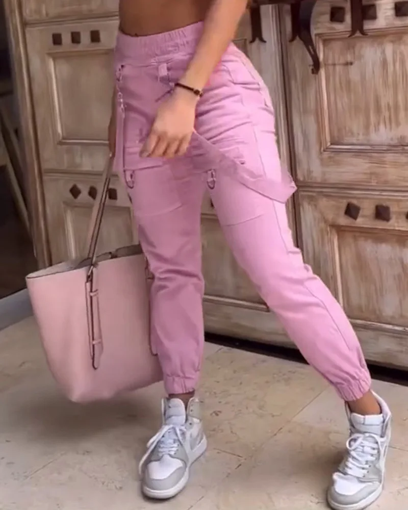 New Women's Vintage Pants Multi-Pocket Pink Suspenders High-Waisted Casual Fashion Solid Color Ladies Corset Long Trousers