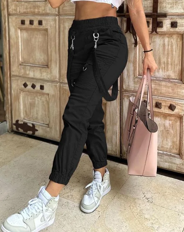 New Women's Vintage Pants Multi-Pocket Pink Suspenders High-Waisted Casual Fashion Solid Color Ladies Corset Long Trousers