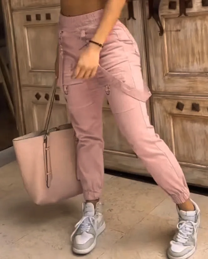 New Women's Vintage Pants Multi-Pocket Pink Suspenders High-Waisted Casual Fashion Solid Color Ladies Corset Long Trousers