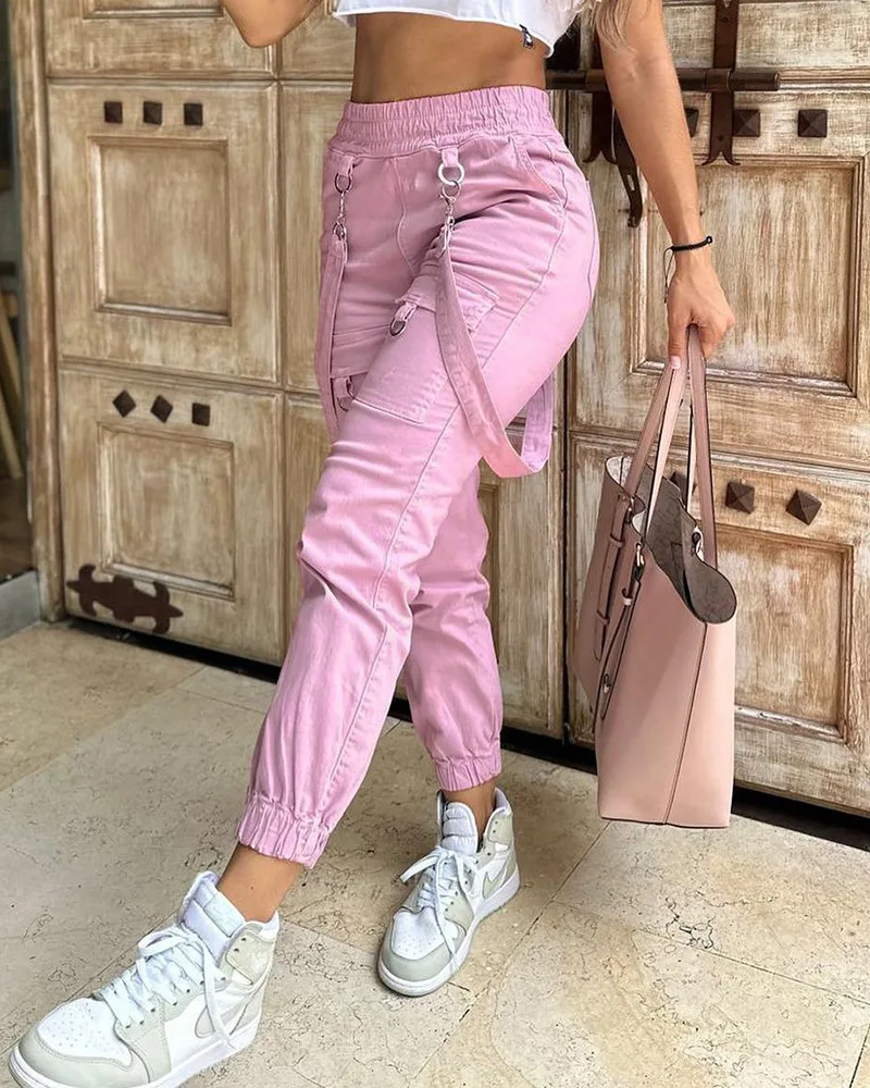 New Women's Vintage Pants Multi-Pocket Pink Suspenders High-Waisted Casual Fashion Solid Color Ladies Corset Long Trousers