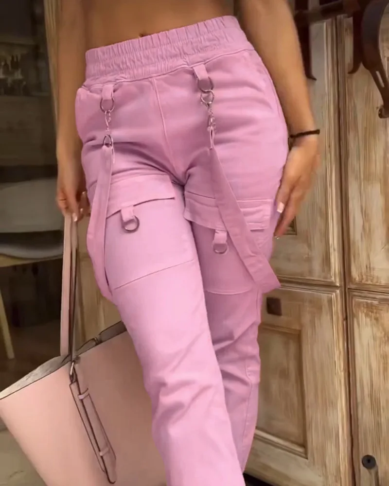 New Women's Vintage Pants Multi-Pocket Pink Suspenders High-Waisted Casual Fashion Solid Color Ladies Corset Long Trousers