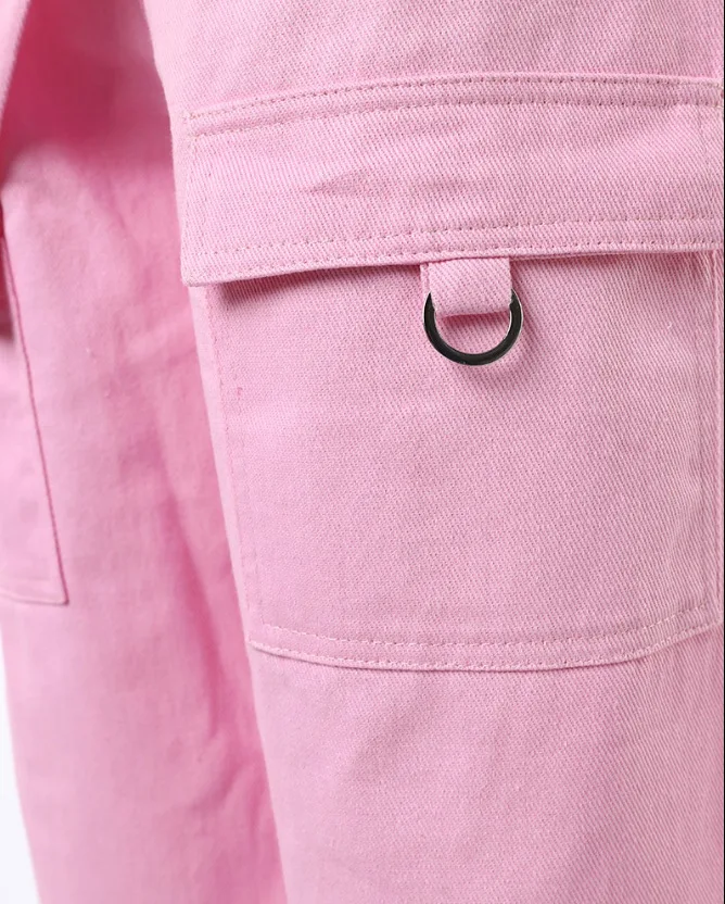 New Women's Vintage Pants Multi-Pocket Pink Suspenders High-Waisted Casual Fashion Solid Color Ladies Corset Long Trousers