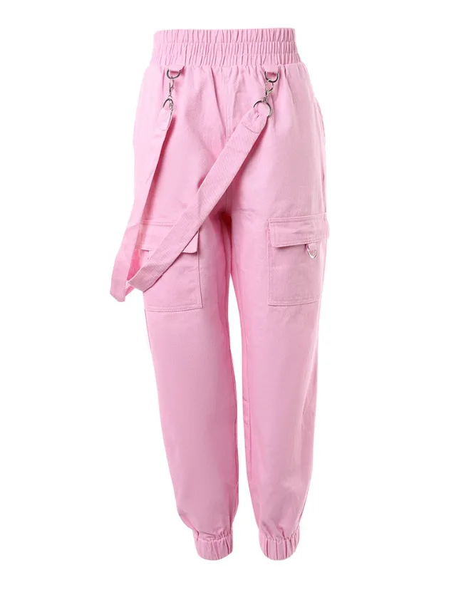 New Women's Vintage Pants Multi-Pocket Pink Suspenders High-Waisted Casual Fashion Solid Color Ladies Corset Long Trousers