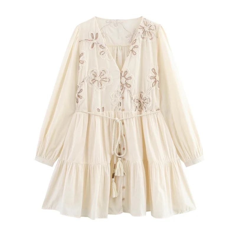 MUJER Flower Embroidered Mini Dress Women Tassel Pleated Short Dresses for Woman Summer Beach Women's Dress Boho Dress Woman