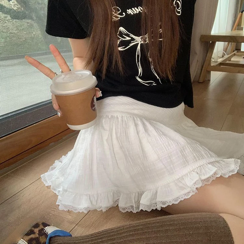Biyaby Summer White Lace Mini Skirt Women Korean Chic High Waist Y2k Short Skirts Woman Ballet Style Ruffles Cake Skirts Female