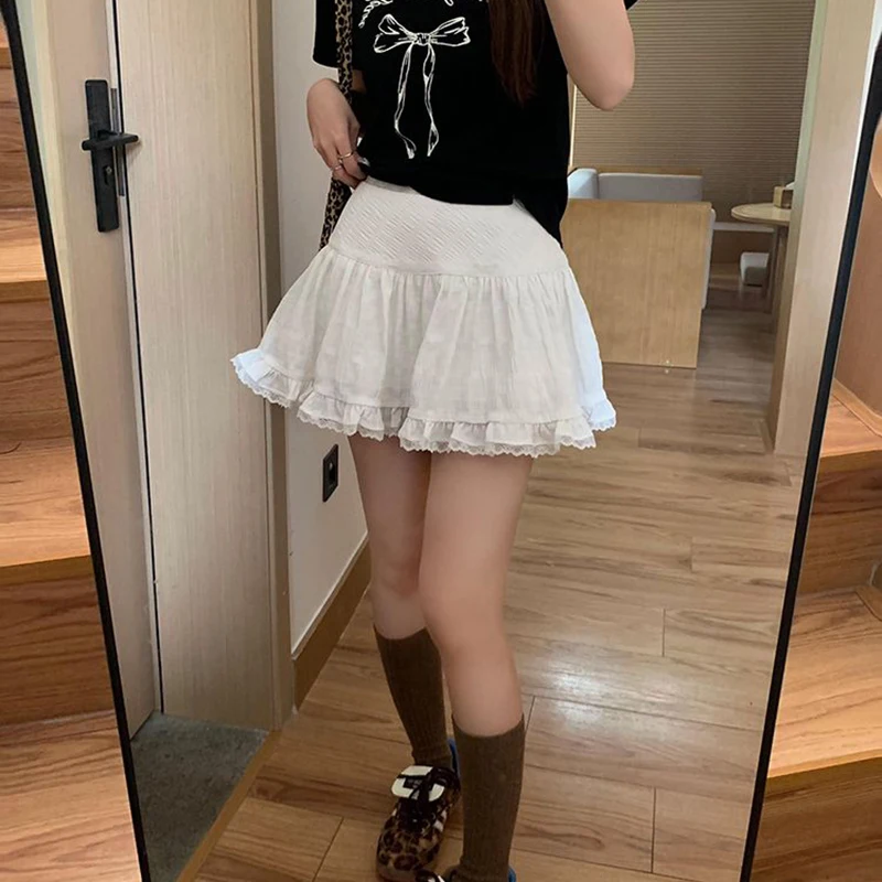 Biyaby Summer White Lace Mini Skirt Women Korean Chic High Waist Y2k Short Skirts Woman Ballet Style Ruffles Cake Skirts Female