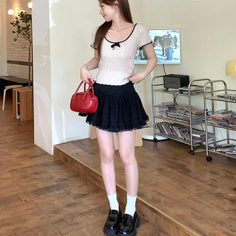 Biyaby Summer White Lace Mini Skirt Women Korean Chic High Waist Y2k Short Skirts Woman Ballet Style Ruffles Cake Skirts Female