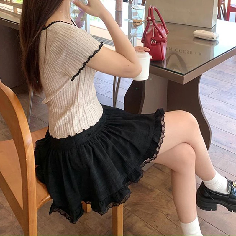 Biyaby Summer White Lace Mini Skirt Women Korean Chic High Waist Y2k Short Skirts Woman Ballet Style Ruffles Cake Skirts Female