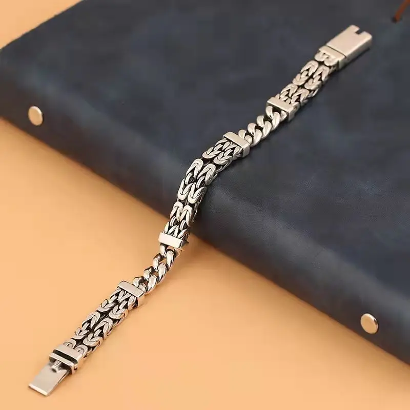 S925 Sterling Silver Double-Layer Peace Print Bracelet Woven Retro Personality National Tide National Style Hand Jewelry Gift