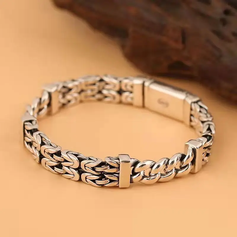 S925 Sterling Silver Double-Layer Peace Print Bracelet Woven Retro Personality National Tide National Style Hand Jewelry Gift