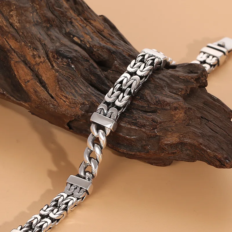 S925 Sterling Silver Double-Layer Peace Print Bracelet Woven Retro Personality National Tide National Style Hand Jewelry Gift