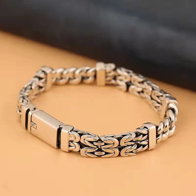 S925 Sterling Silver Double-Layer Peace Print Bracelet Woven Retro Personality National Tide National Style Hand Jewelry Gift