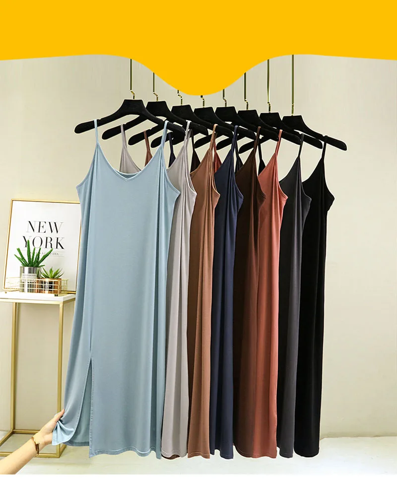 Womens Modal Full Slip Dress Underwear Veststrap Solid Long Under Dress Camisole Slips Inner Petticoat Women Intimates