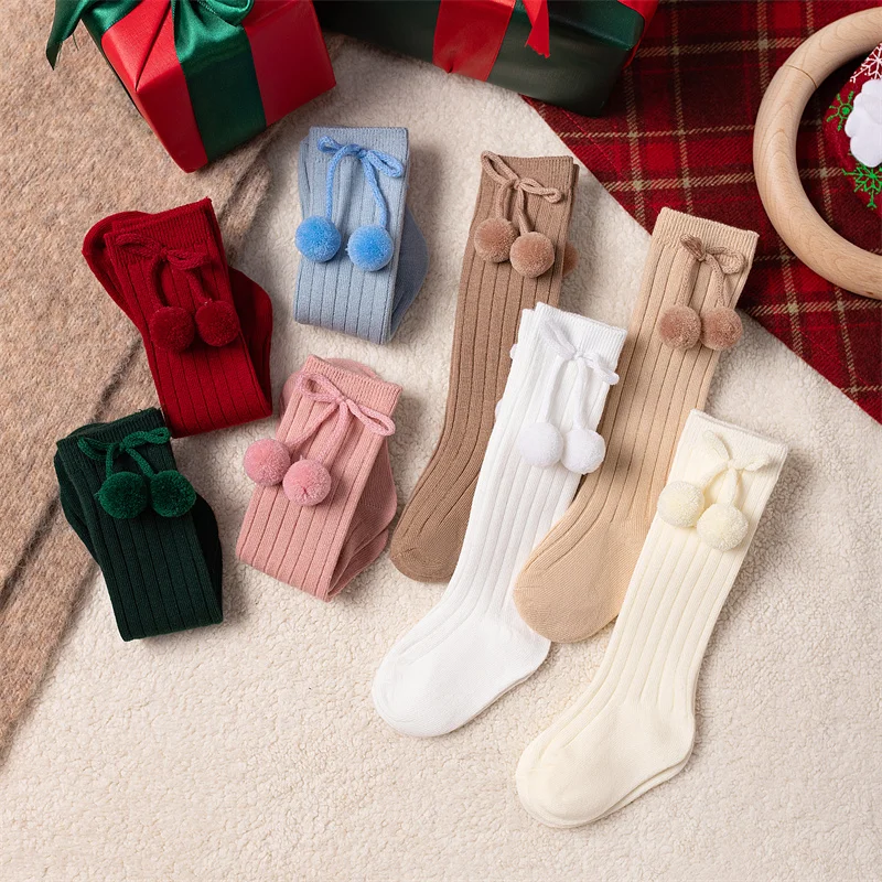 3Pairs/Lot Baby Ball Knee High Socks Soft Cotton Kids Girls Cute Stripe Solid Sock Spanish Children Long Socken For 0-8Years