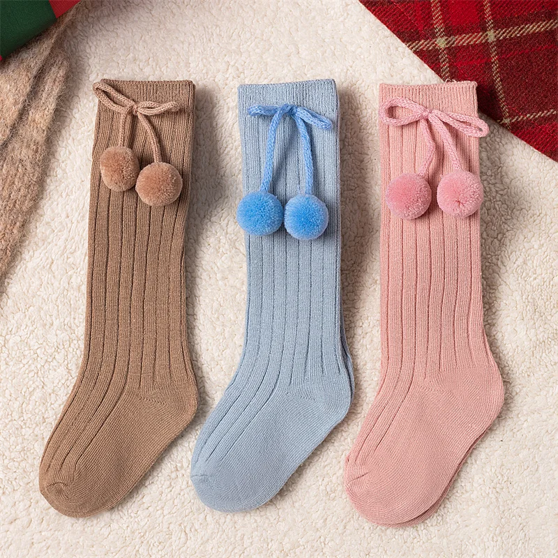 3Pairs/Lot Baby Ball Knee High Socks Soft Cotton Kids Girls Cute Stripe Solid Sock Spanish Children Long Socken For 0-8Years