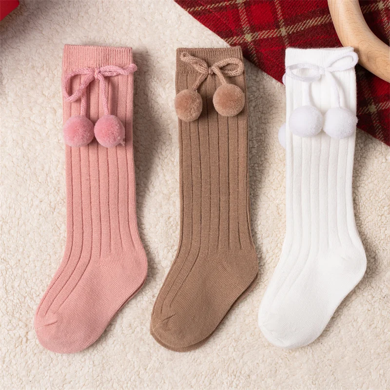 3Pairs/Lot Baby Ball Knee High Socks Soft Cotton Kids Girls Cute Stripe Solid Sock Spanish Children Long Socken For 0-8Years