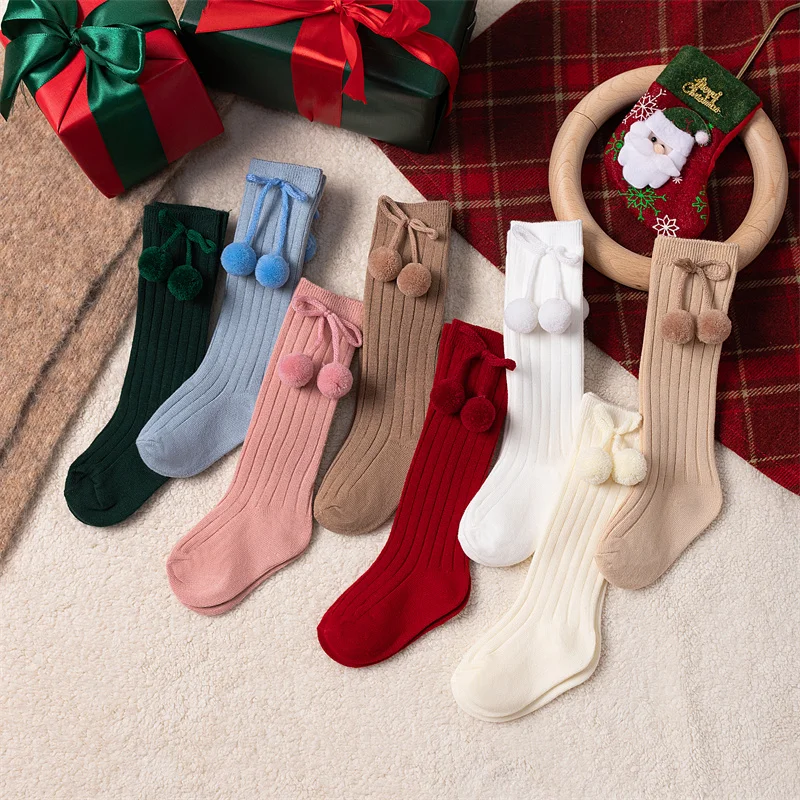 3Pairs/Lot Baby Ball Knee High Socks Soft Cotton Kids Girls Cute Stripe Solid Sock Spanish Children Long Socken For 0-8Years
