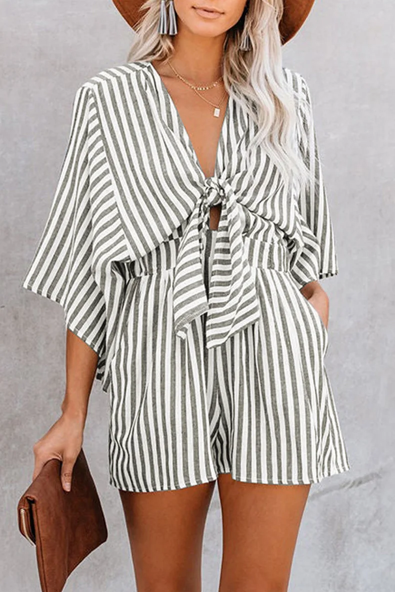 Summer waist slimming striped jumpsuit for women, European and American foreign trade deep V flared sleeve three quarter pants