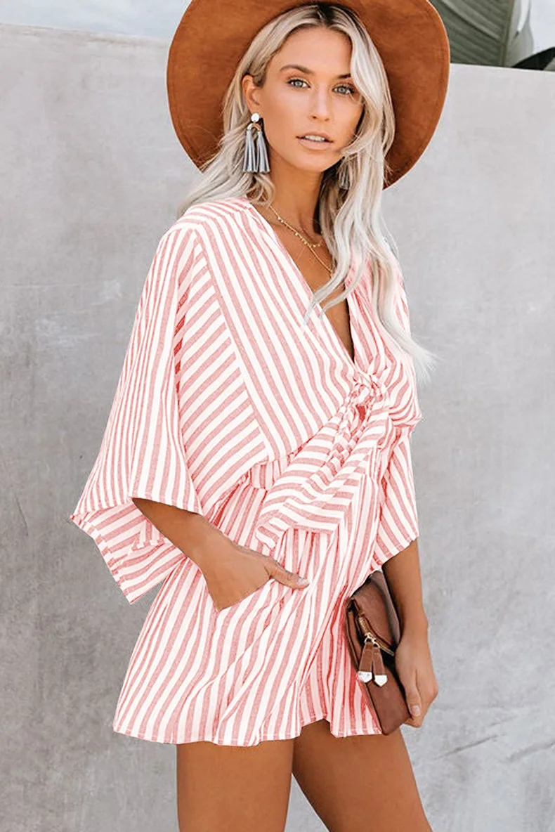 Summer waist slimming striped jumpsuit for women, European and American foreign trade deep V flared sleeve three quarter pants