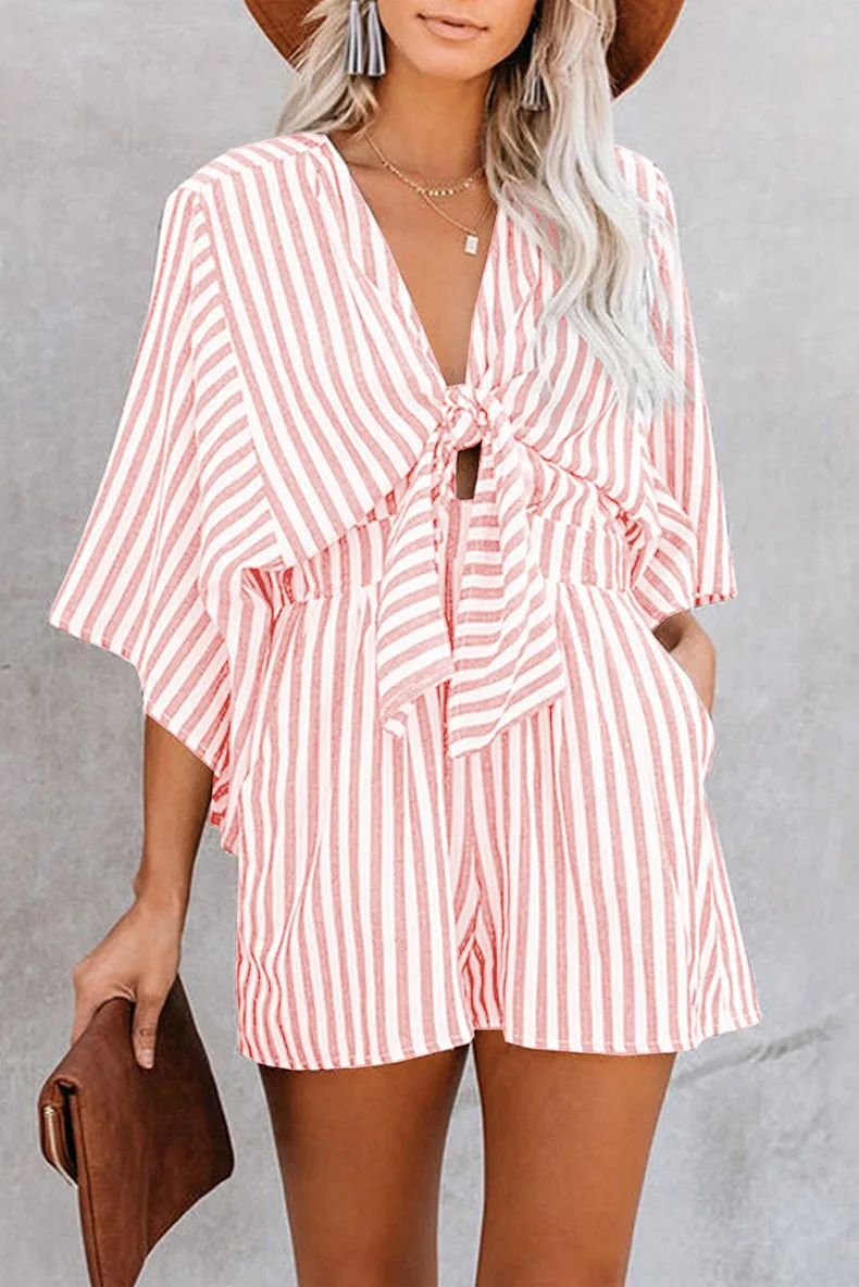 Summer waist slimming striped jumpsuit for women, European and American foreign trade deep V flared sleeve three quarter pants