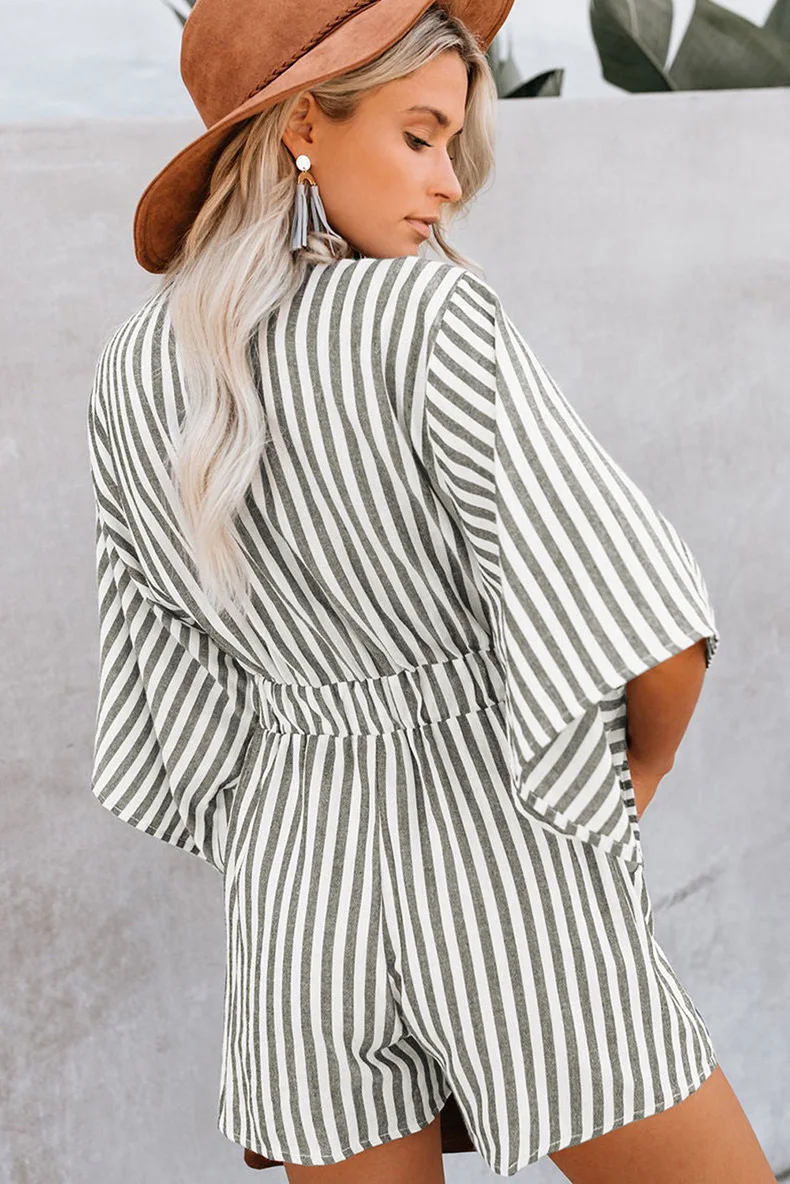 Summer waist slimming striped jumpsuit for women, European and American foreign trade deep V flared sleeve three quarter pants