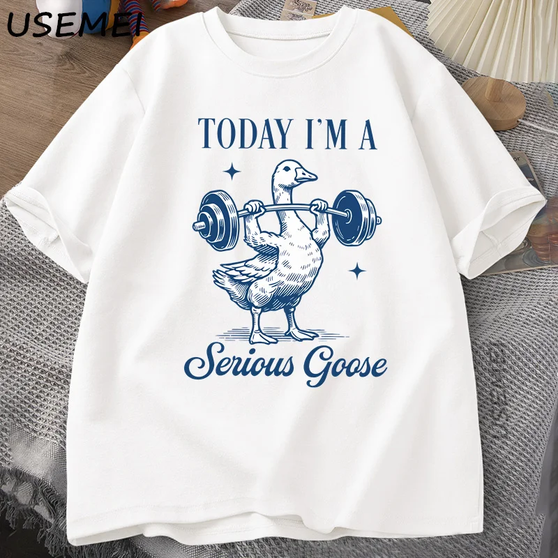 Serious Goose Weightlifting T Shirt Funny Gym Workout Printed T-shirt Animal Lover Tshirt Harajuku Cotton Short Sleeve Tees