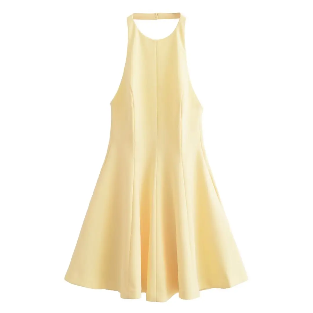 KONDALA Chic Yellow Halter Women Dress Backless Ruffles Party Dress Women Sexy Fashion 2025 Spring Summer Party Elegant Dress