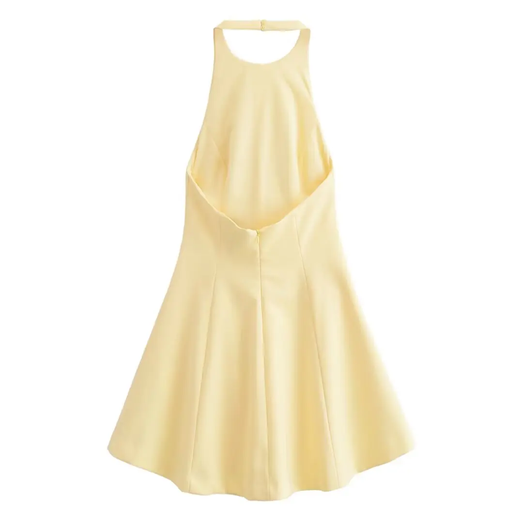 KONDALA Chic Yellow Halter Women Dress Backless Ruffles Party Dress Women Sexy Fashion 2025 Spring Summer Party Elegant Dress