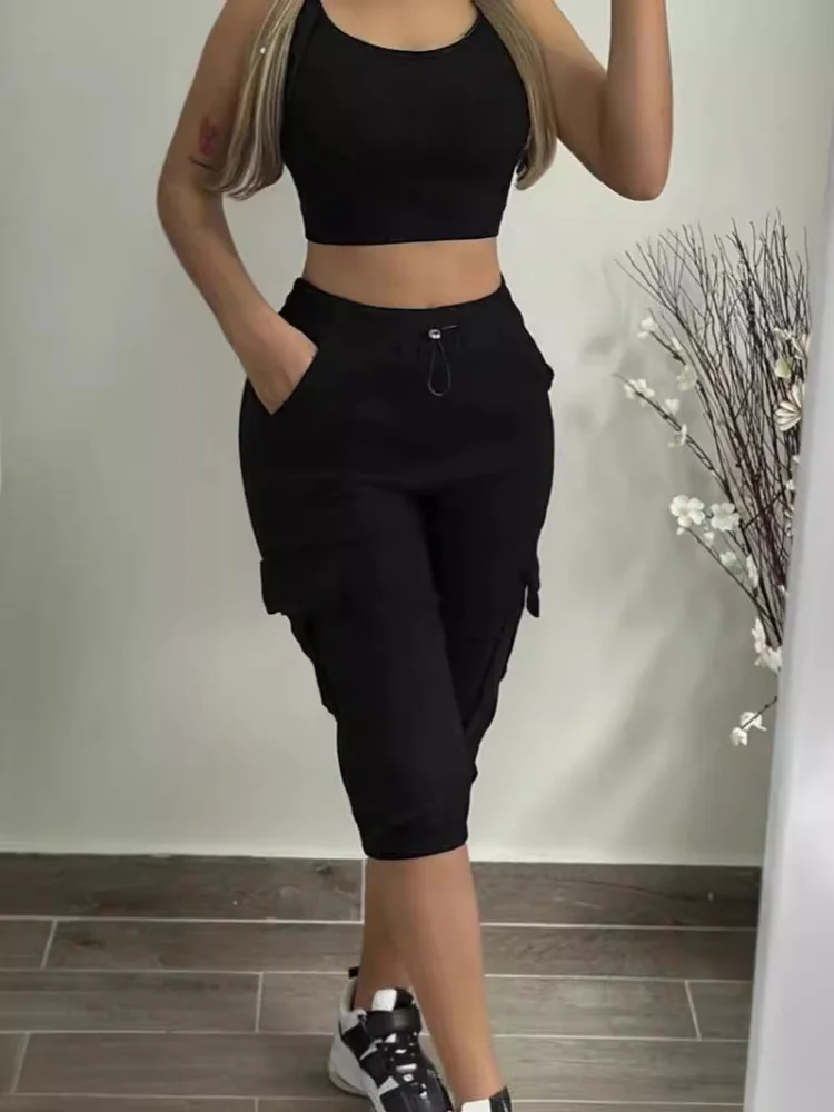 Summer Women's Slim-Fit Capri Trousers Solid Color Casual Multiple Pocket Lace-Up High Waist Tight Leggings Capri Pants