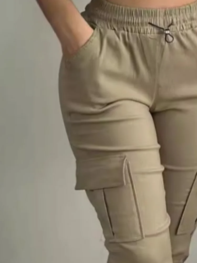 Summer Women's Slim-Fit Capri Trousers Solid Color Casual Multiple Pocket Lace-Up High Waist Tight Leggings Capri Pants