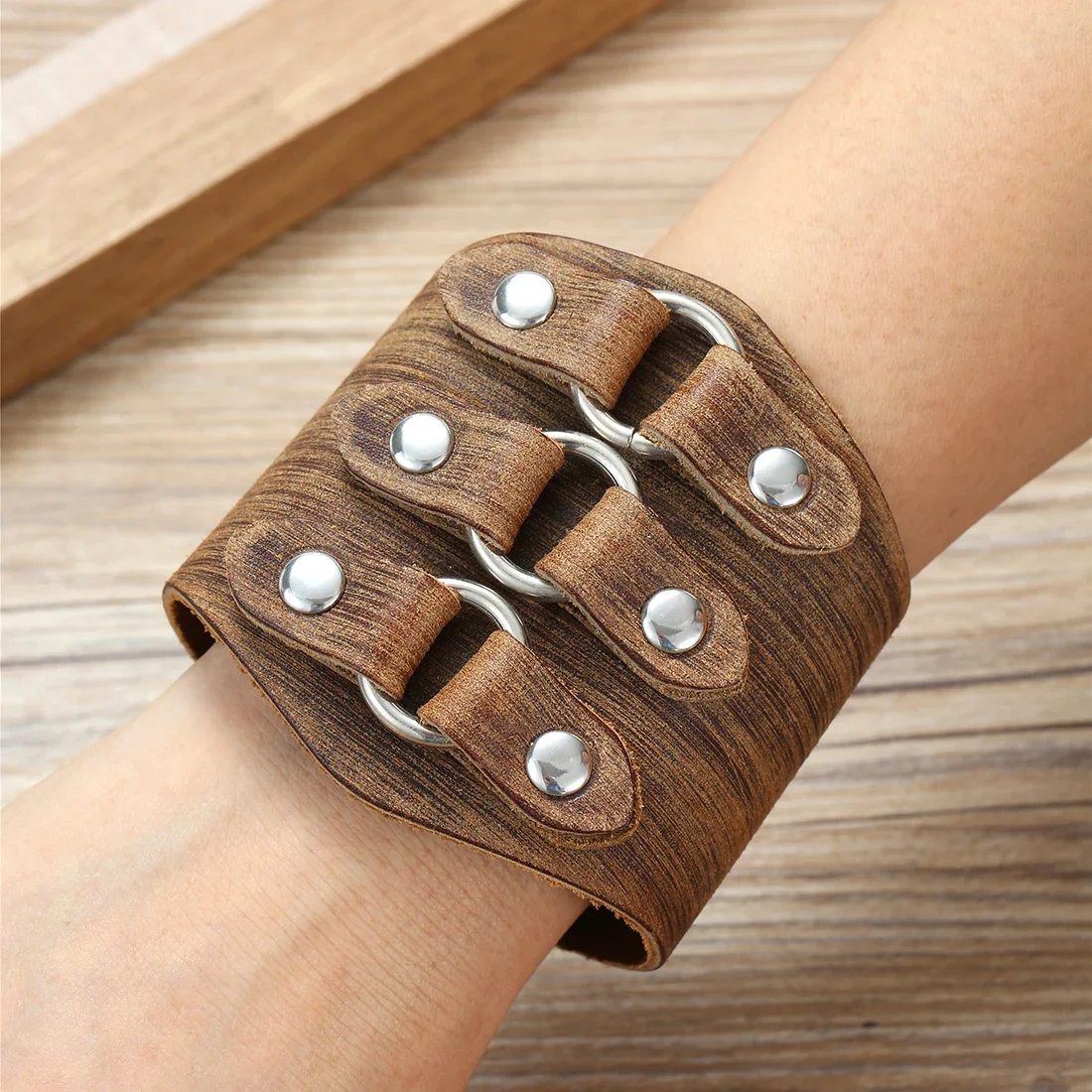 Fashionable Multifunctional Wide Leather Bracelet with Brown and Black Wide Cuffs Vintage Punk Wristband Men's Jewelry Classic