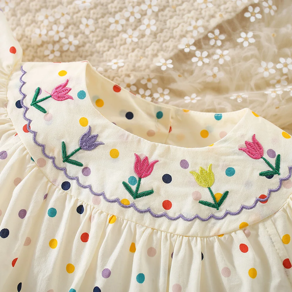 Baby Jumpsuit For 3 To 18 Months Flower Embroidered Colorful Polka Dots Printed Bodysuit