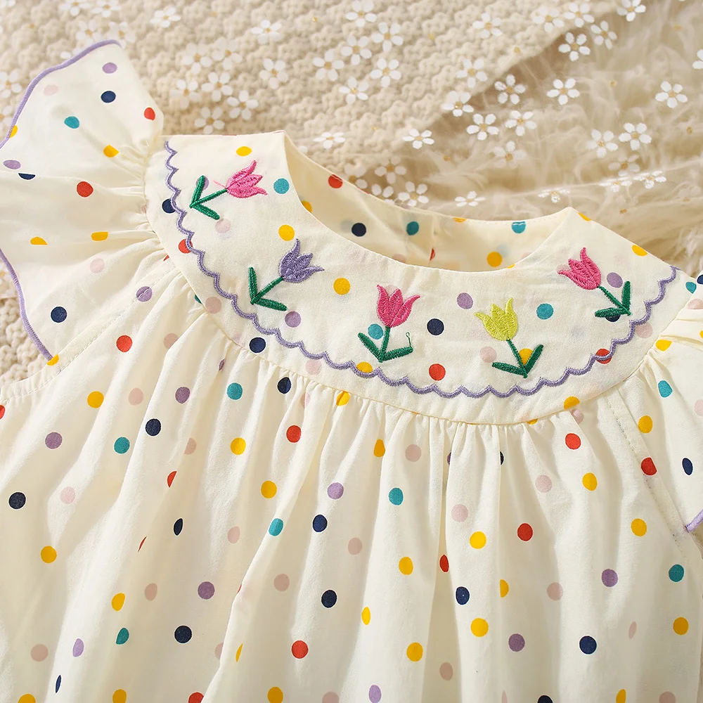 Baby Jumpsuit For 3 To 18 Months Flower Embroidered Colorful Polka Dots Printed Bodysuit