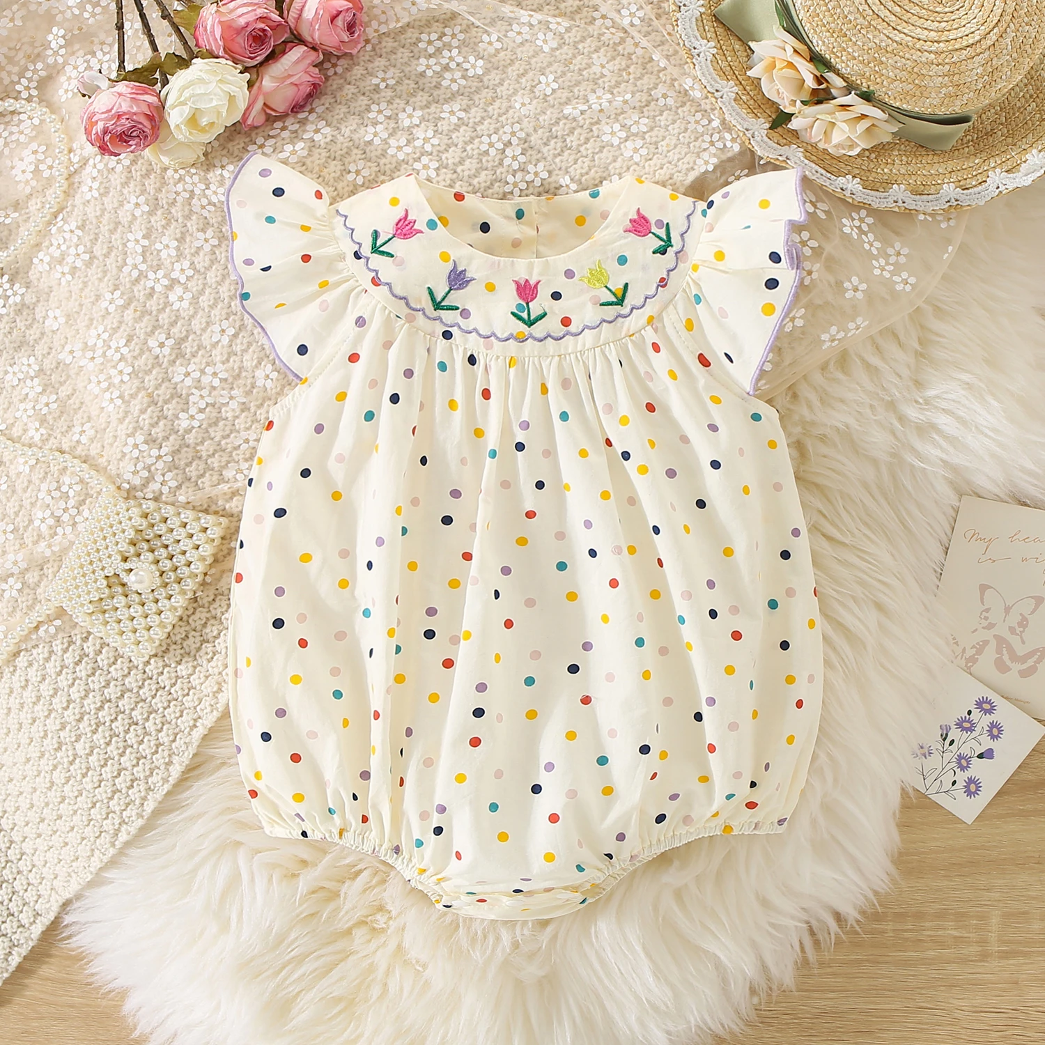Baby Jumpsuit For 3 To 18 Months Flower Embroidered Colorful Polka Dots Printed Bodysuit
